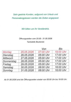 Öffnungszeiten 25.05.-31.05.26